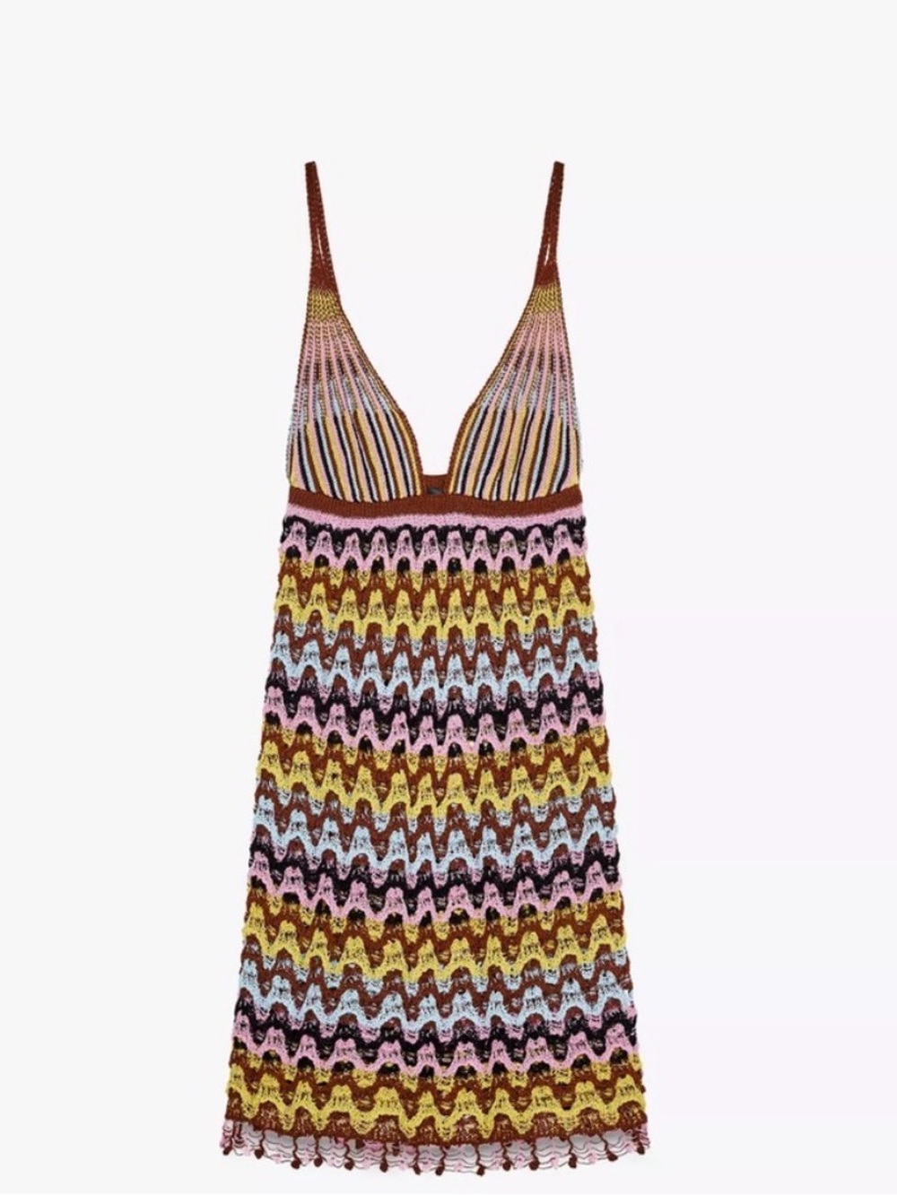 Zara Multicolor Crochet Mini Dress in Pink, Yellow, Blue & Brown